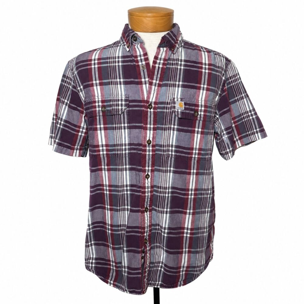 Carhartt Plaid Button Up Shirt Burgundy Gray Short Sleeve Men's M Cotton